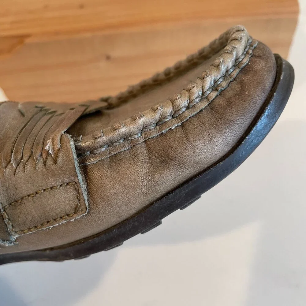 Vintage Candie’s Fastrack Pewter Olive Green Leather Chunky Loafers – Size 7M